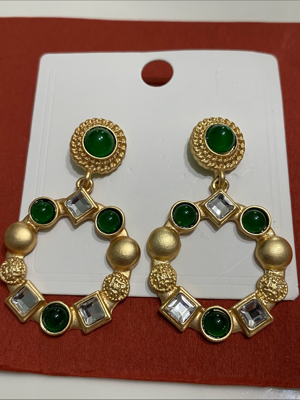 Matte Gold Hoop Drop Earrings with Green Cabochons
